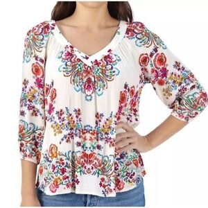 Bila Floral Peasant Top XL Multicolor Crinkle Boho Festival Lightweight Relaxed